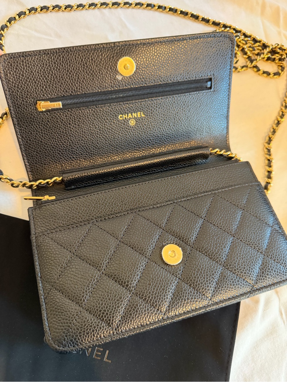 βSOLDβ CHANEL Black Quilted Caviar Leather Wallet On Chain with Gold Hardware - Picture 7 of 12